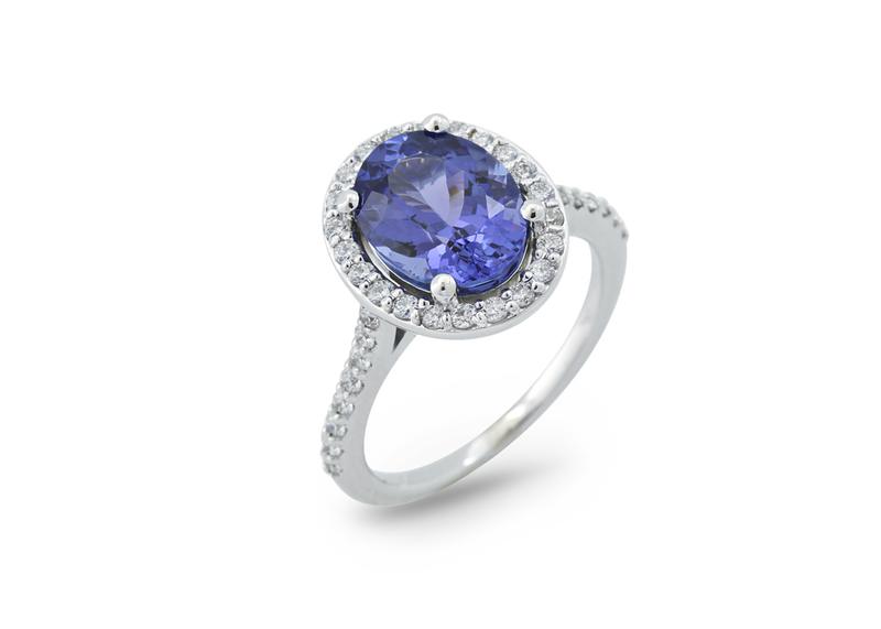 Tanzanite halo engagement ring on a pavé band — style 99978B