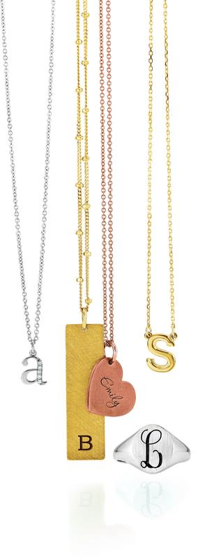 Personalized initial and charm necklaces in gold