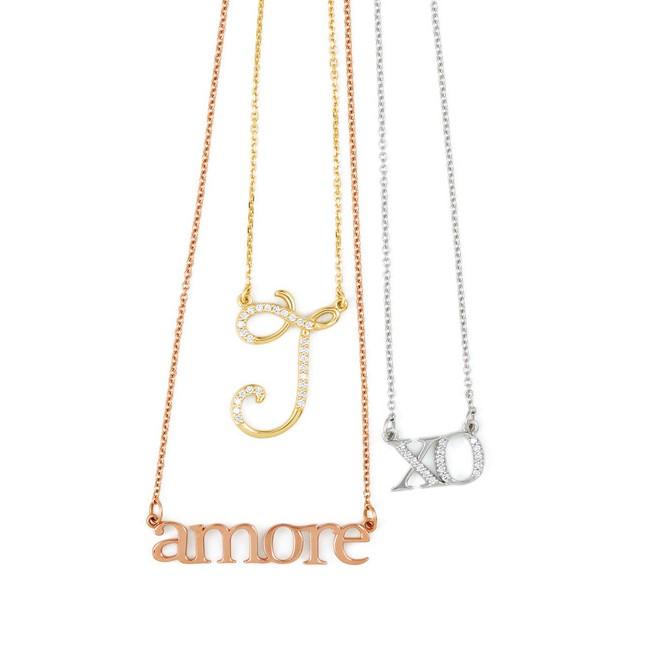 Personalized script necklaces — amore and XO pendants