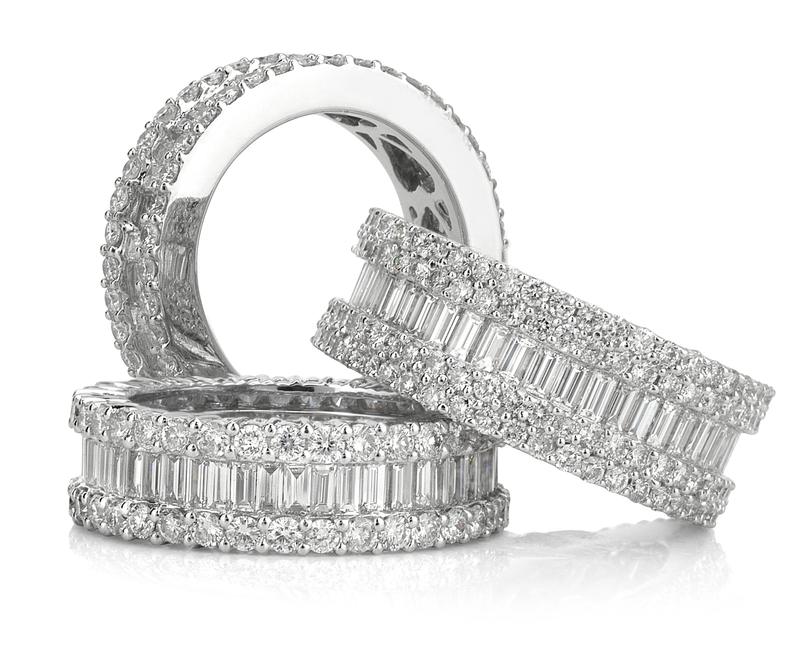 Baguette and round diamond eternity band pair