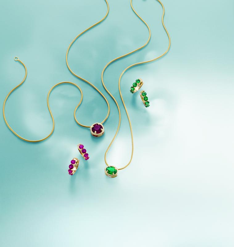 Gemstone bezel pendant necklaces and rings in yellow gold