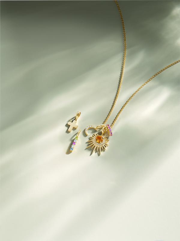 Gold starburst charm and citrine pendant necklace