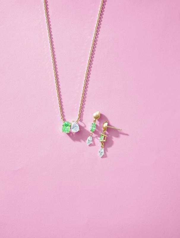 Green gemstone initial pendant necklace and stud earrings