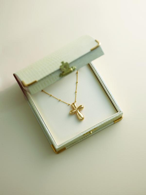 Gold cross pendant necklace in white gift box