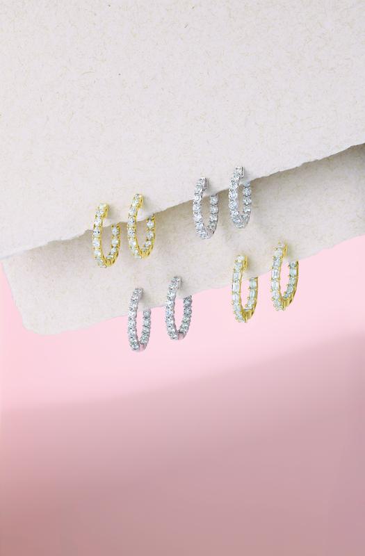 Diamond pavé huggie hoop earrings in three golds