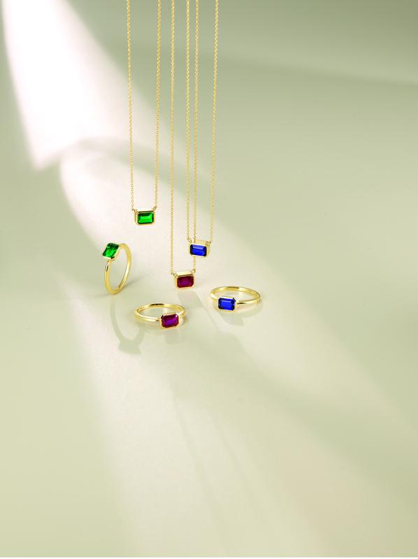 Emerald, ruby and sapphire baguette rings and necklaces