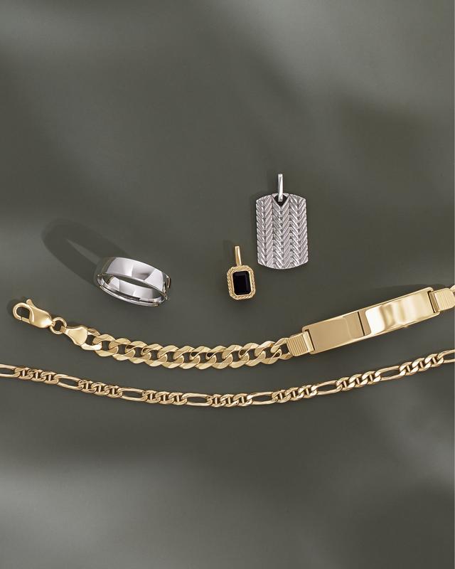 Men's gold curb bracelet, ID bracelet, dog tags and signet ring