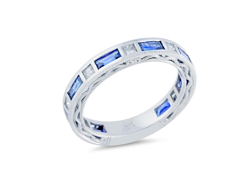 Custom channel-set sapphire and diamond band in white gold
