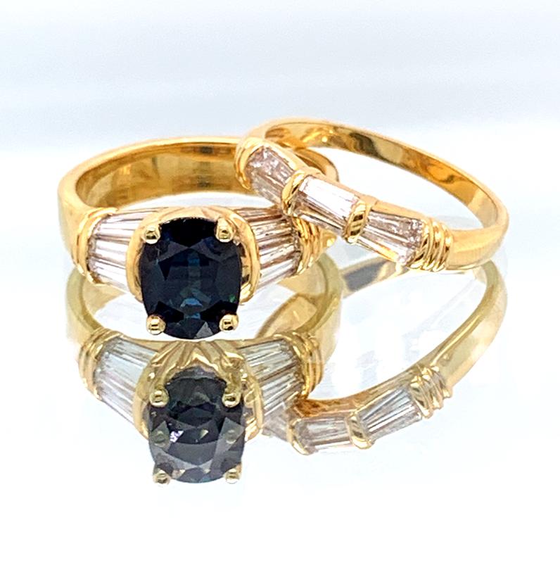 Custom yellow gold sapphire and baguette diamond bridal set